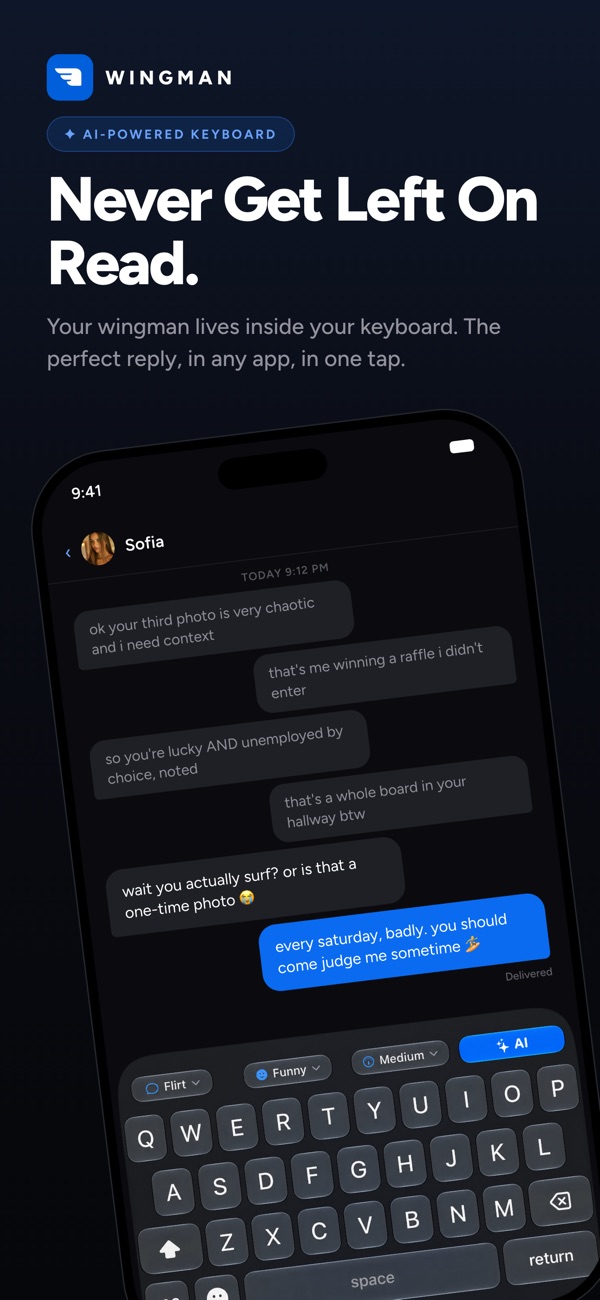 Wingman AI keyboard suggesting a flirty reply inside a chat on iPhone